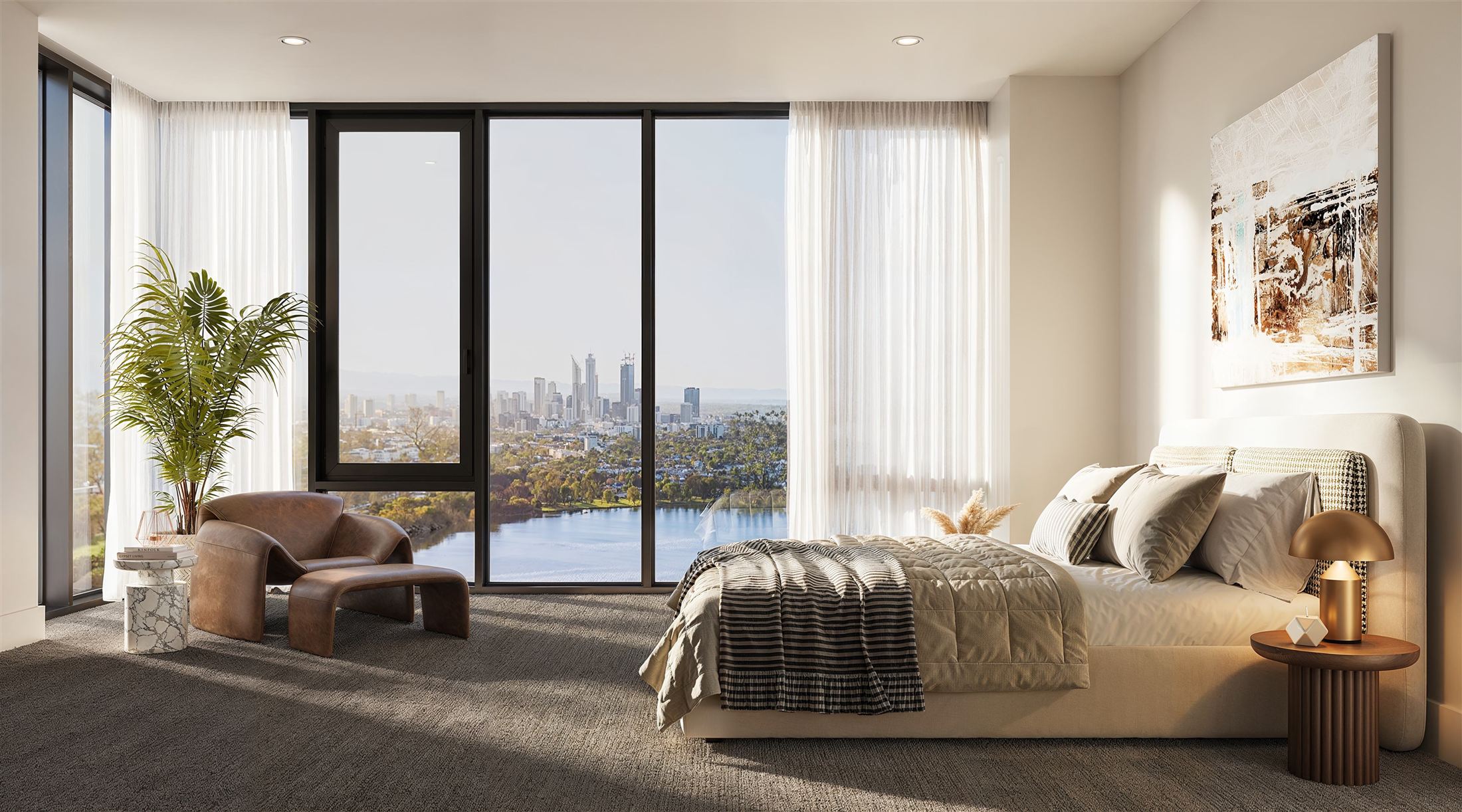 Bedroom with floor-to-ceiling glazing and a skyline view