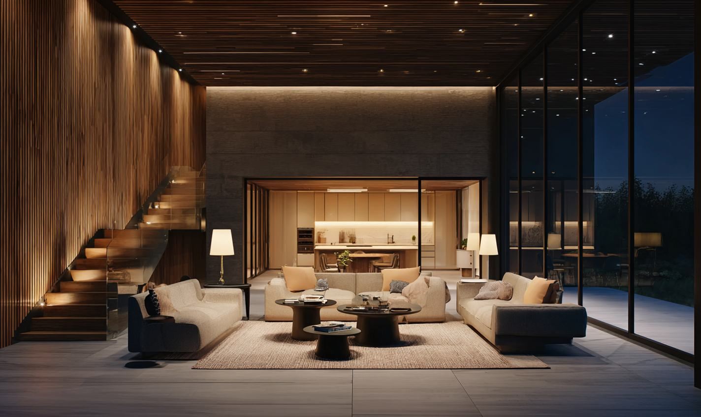 Great room at dusk with timber-slatted walls and floor-to-ceiling glazing
