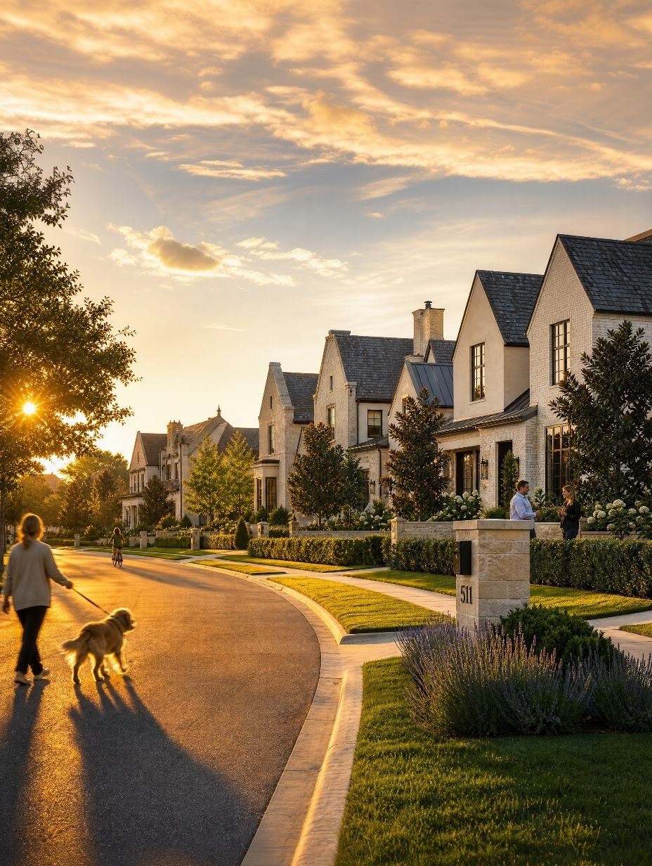 Curving residential street at golden hour