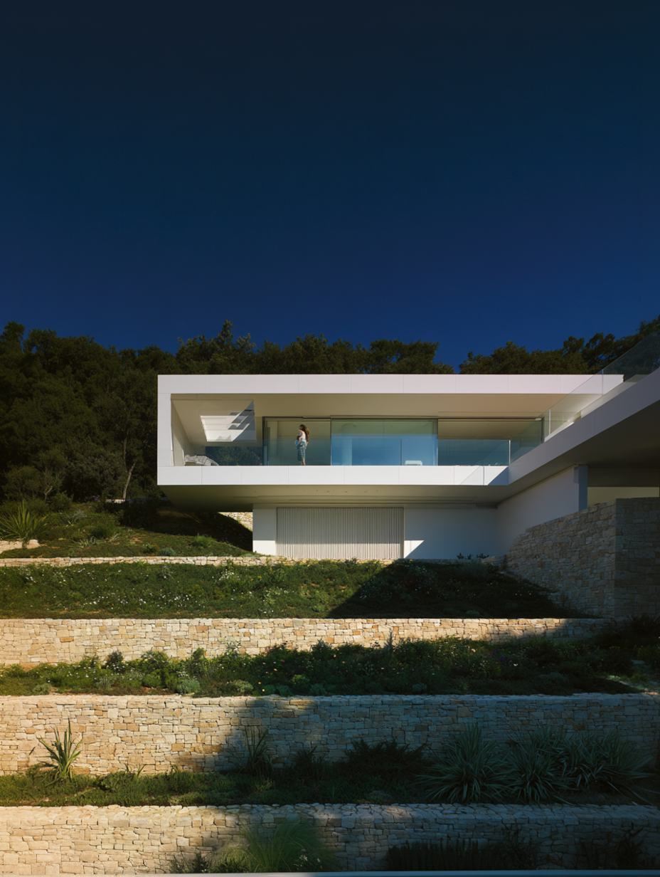 White cantilevered hillside residence above terraced stone walls