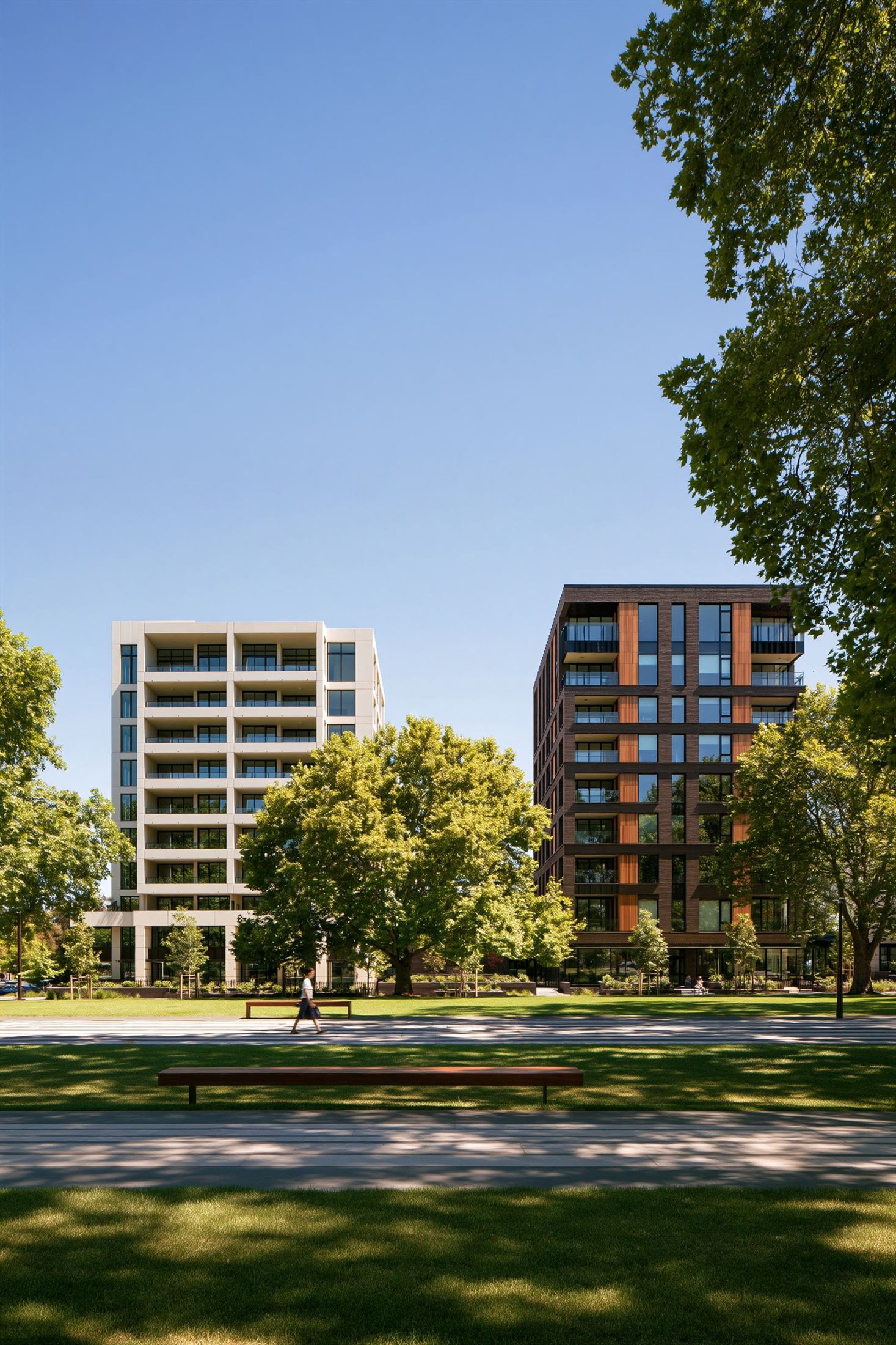 Two residential towers seen across a tree-lined park