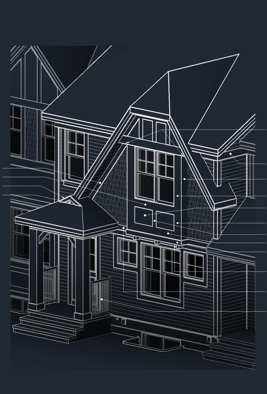 White linework drawing of a house on a dark background